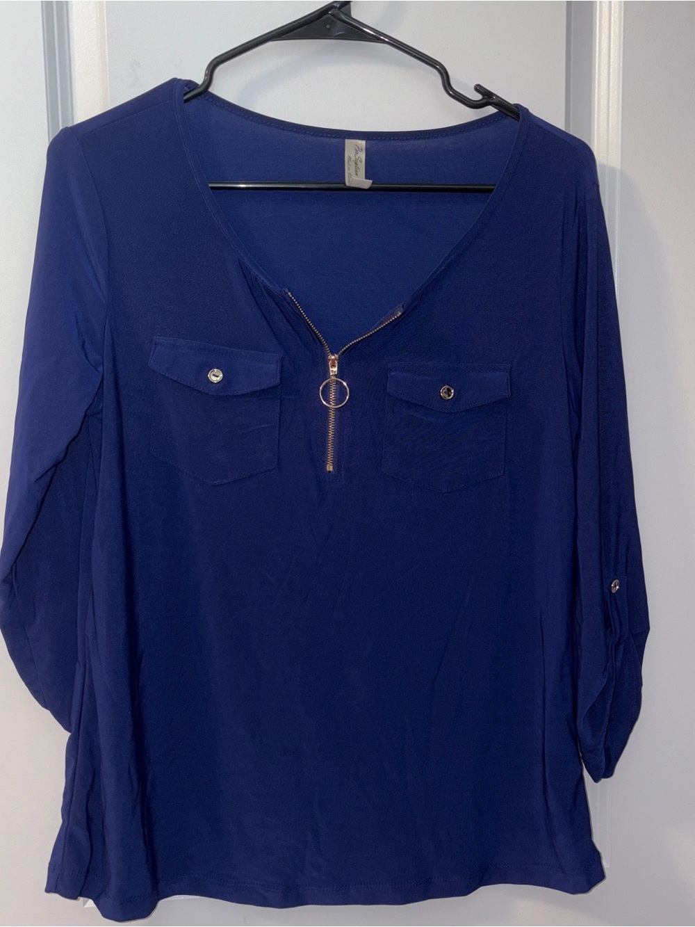 NWT Women's Royal Blue Zip-Front Blouse with Pocket Flap Detail Size: M